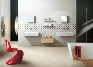 Happy Floors Arona Beige 12x24 floor tile- Blanco Pinwheel backsplash and Blanco 1x1 Mosaic Quality Floors & More Co. Pompano Beach