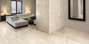 Happy Floors Onyx Honey Muretto mosaic on wall- 12x24 tile on floor Quality Floors & More Pompano Beach