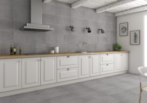 Happy Floors Baltimore Gris 12x24 tile on the floor and wall- 2x2 Mosaic as back splash Quality Floors & More Co. Pompano Beach