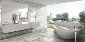 Happy Floors Macaubas Oyster Hexagon mosaic- 12x24 tile room pic Quality Floors & More Pompano Beach