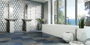 Happy Floors Macaubas Pearl + Azul Rope mosaic wall Quality Floors & More Pompano Beach