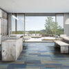 Happy Floors Macaubas Pearl + Azul Pinwheel mosaic on wall Quality Floors & More Pompano Beach