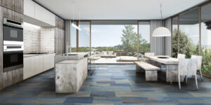 Happy Floors Macaubas Pearl + Azul Pinwheel mosaic on wall Quality Floors & More Pompano Beach