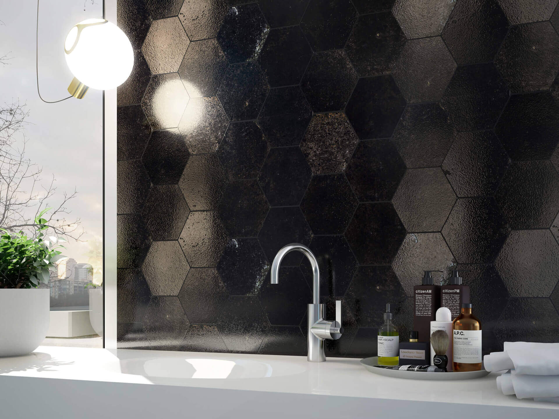 Vibrant Black Hexagon 5×6 Glossy Ceramic Tile